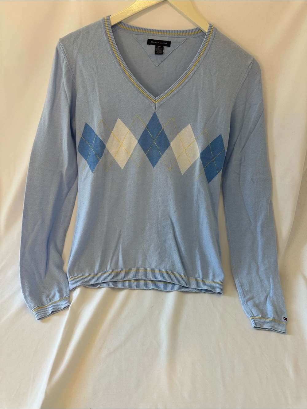 Tommy Hilfiger Light Blue Argyle V-Neck Sweater with Blue & White Diamonds